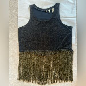 Buckle, Size M. Black w/Metallic Gold Crop Tank Top with Fringe.